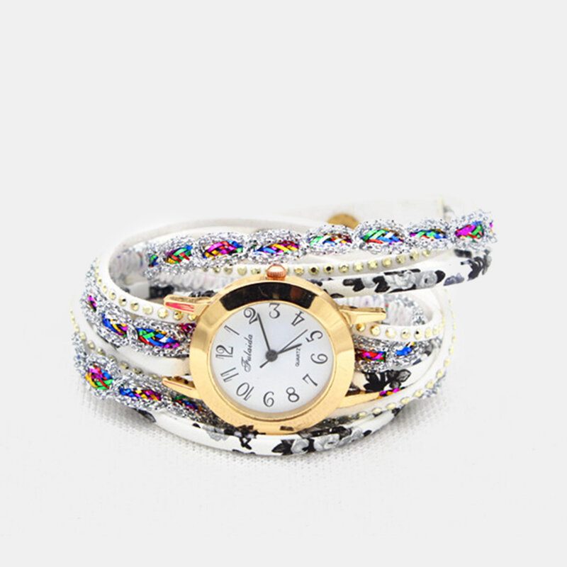 Deffrun Vintage Fargerikt Utskrift Dame Armbånd Klokke Flerlags Metall Rhinestone Pu Quartz Watch