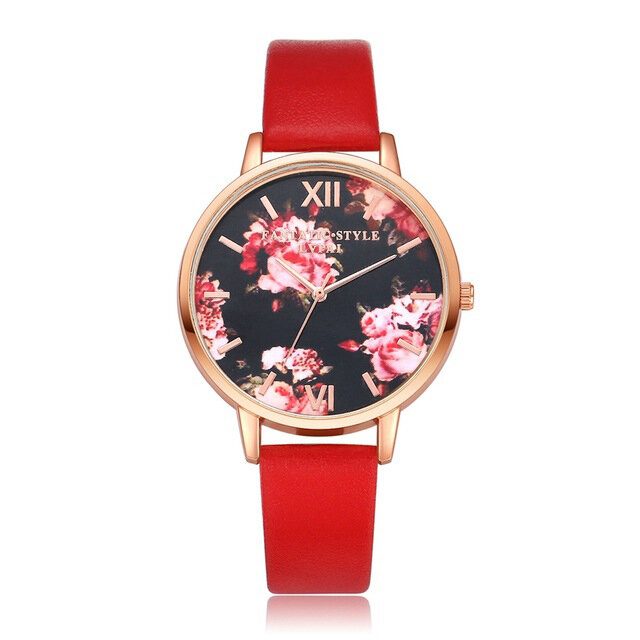 Flower Display Elegant Design Dame Armbåndsur Pu Leather Band Quartz Watch