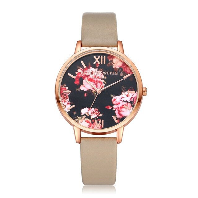 Flower Display Elegant Design Dame Armbåndsur Pu Leather Band Quartz Watch