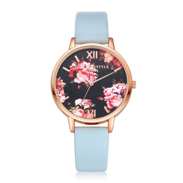 Flower Display Elegant Design Dame Armbåndsur Pu Leather Band Quartz Watch