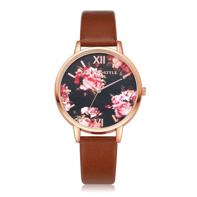 Flower Display Elegant Design Dame Armbåndsur Pu Leather Band Quartz Watch