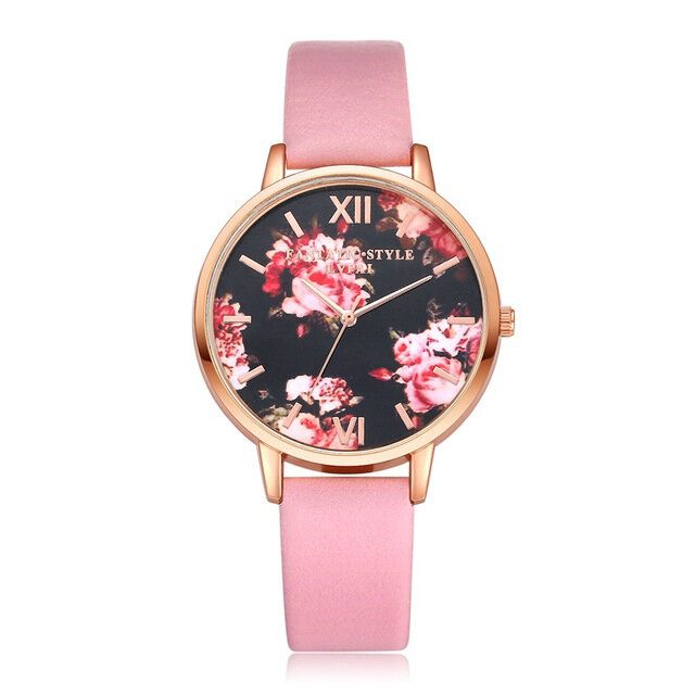 Flower Display Elegant Design Dame Armbåndsur Pu Leather Band Quartz Watch