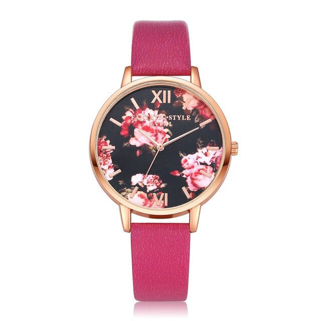 Flower Display Elegant Design Dame Armbåndsur Pu Leather Band Quartz Watch