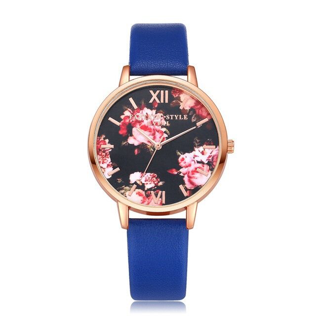 Flower Display Elegant Design Dame Armbåndsur Pu Leather Band Quartz Watch