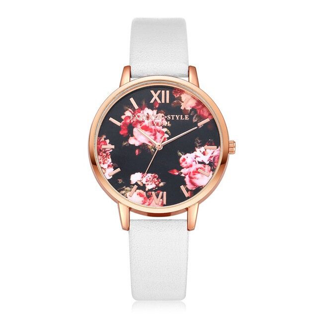 Flower Display Elegant Design Dame Armbåndsur Pu Leather Band Quartz Watch