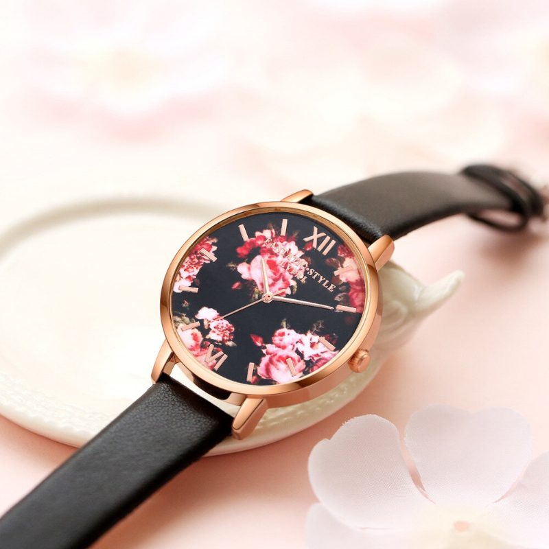 Flower Display Elegant Design Dame Armbåndsur Pu Leather Band Quartz Watch