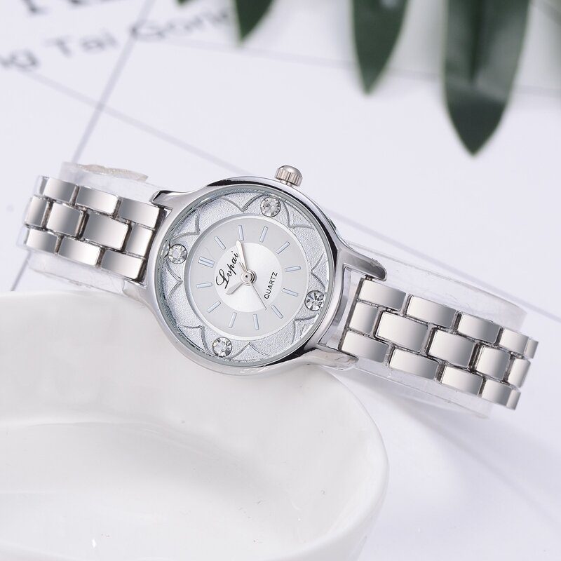 Flower Print Dial Dame Armbånd Watch Legering Diamond Quartz Watch