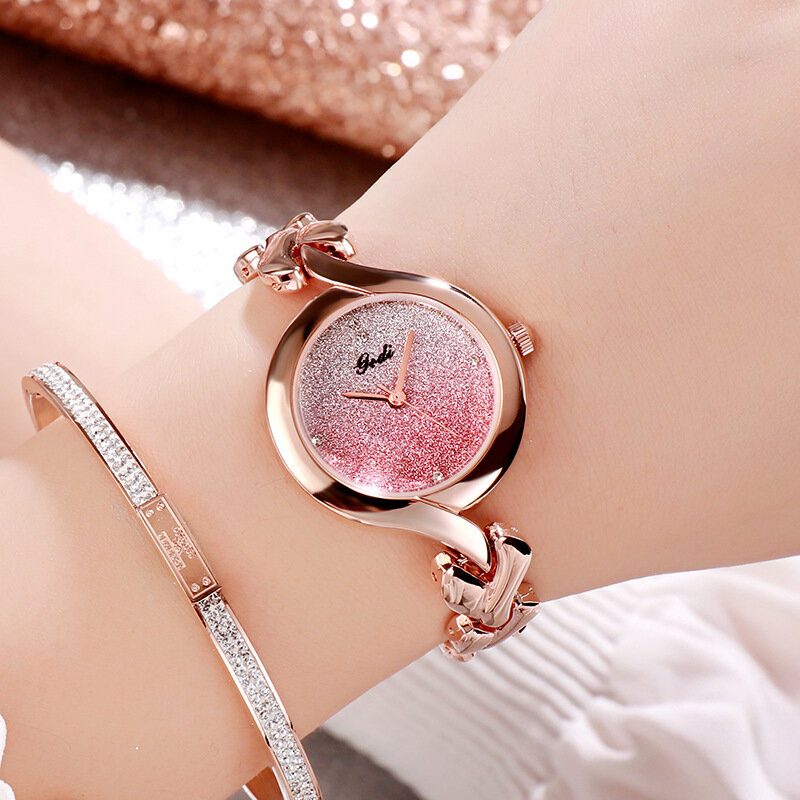 Gedi Mote Elegant Luxury Crystal Gradient Color Dial Alloy Strap Dame Armbånd Armbåndsur Kvartsklokke