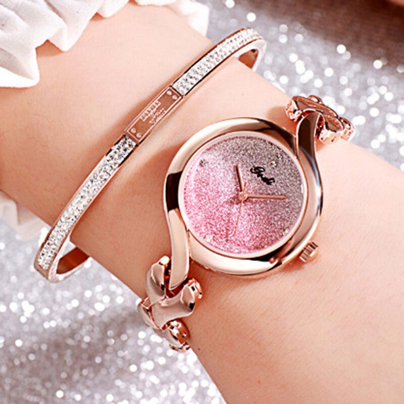 Gedi Mote Elegant Luxury Crystal Gradient Color Dial Alloy Strap Dame Armbånd Armbåndsur Kvartsklokke