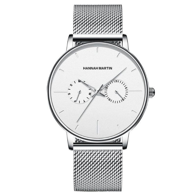 Hannah Martin Mote Uformell Med Kalender Dual Dial Steel Mesh / Pu Lærreim 3atm Vanntett Herre Kvartsklokke