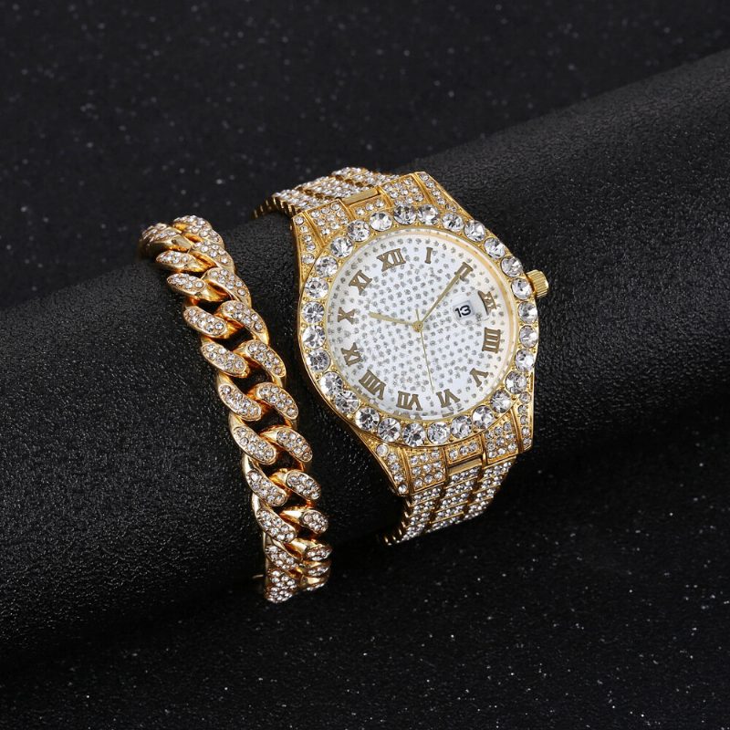 Hip Hop Luxury 2 Stk Hip-hop Kjede Full Diamond Watch Armbånd Lady Quartz Watch