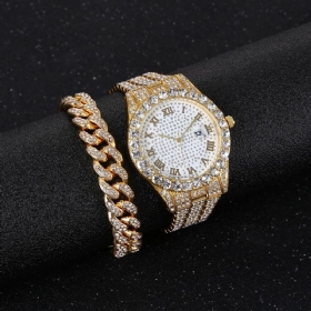 Hip Hop Luxury 2 Stk Hip-hop Kjede Full Diamond Watch Armbånd Lady Quartz Watch