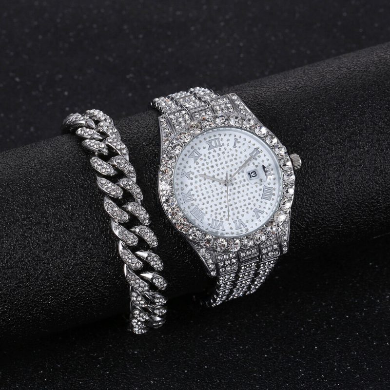 Hip Hop Luxury 2 Stk Hip-hop Kjede Full Diamond Watch Armbånd Lady Quartz Watch