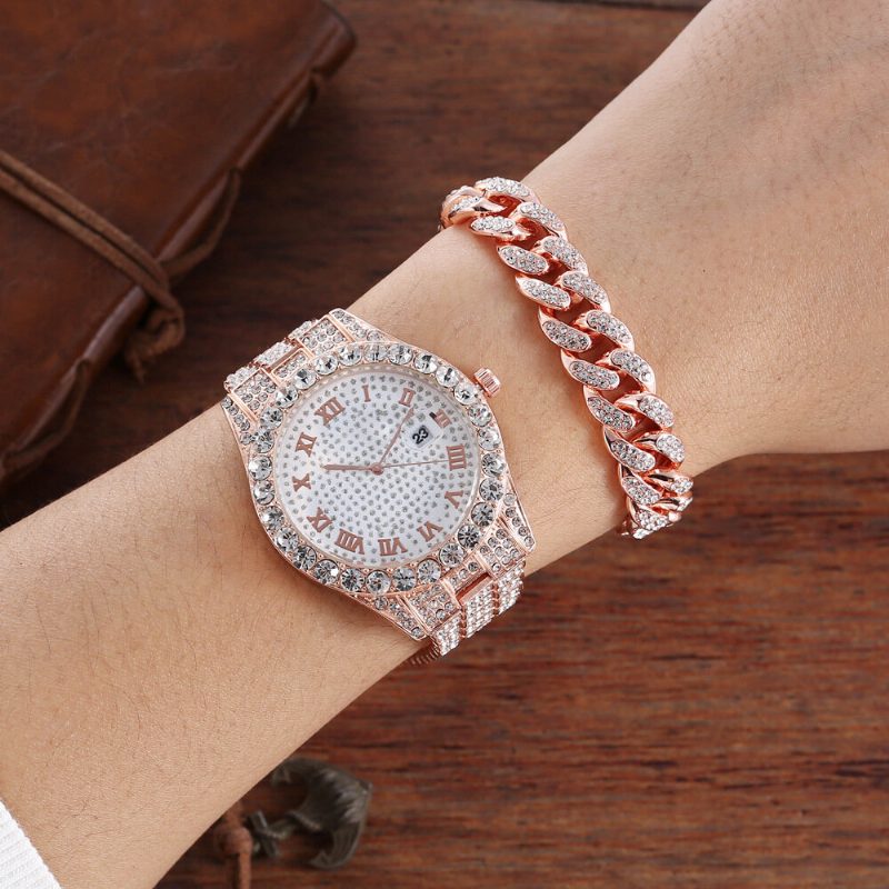 Hip Hop Luxury 2 Stk Hip-hop Kjede Full Diamond Watch Armbånd Lady Quartz Watch