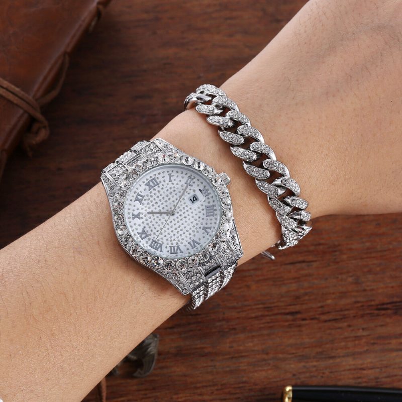 Hip Hop Luxury 2 Stk Hip-hop Kjede Full Diamond Watch Armbånd Lady Quartz Watch