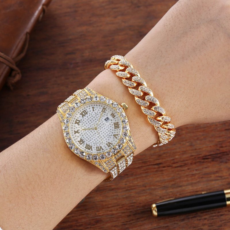 Hip Hop Luxury 2 Stk Hip-hop Kjede Full Diamond Watch Armbånd Lady Quartz Watch