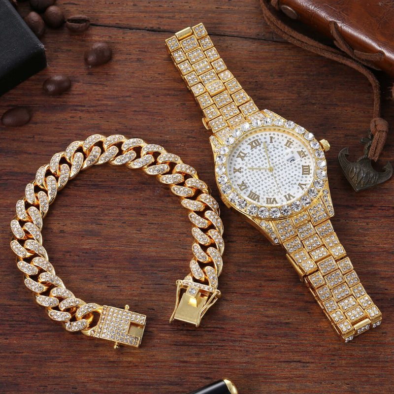 Hip Hop Luxury 2 Stk Hip-hop Kjede Full Diamond Watch Armbånd Lady Quartz Watch