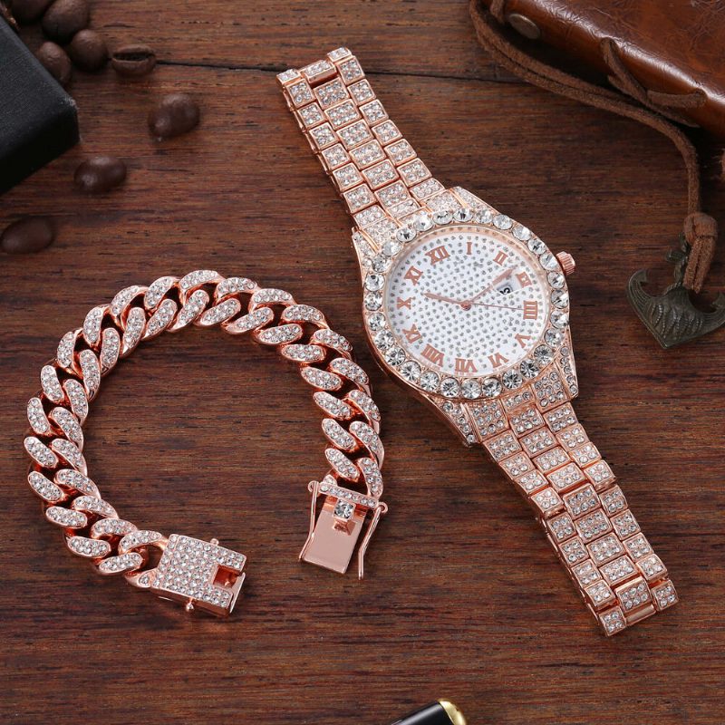 Hip Hop Luxury 2 Stk Hip-hop Kjede Full Diamond Watch Armbånd Lady Quartz Watch