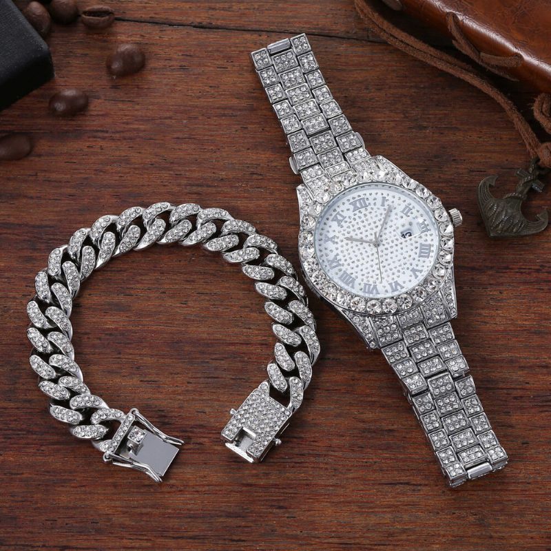 Hip Hop Luxury 2 Stk Hip-hop Kjede Full Diamond Watch Armbånd Lady Quartz Watch