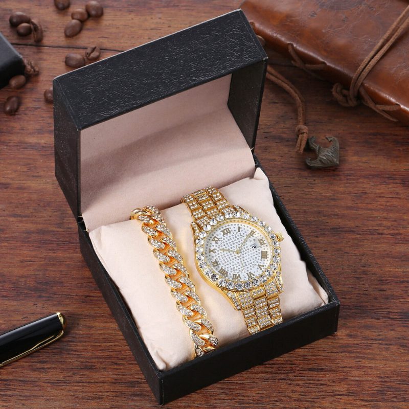 Hip Hop Luxury 2 Stk Hip-hop Kjede Full Diamond Watch Armbånd Lady Quartz Watch