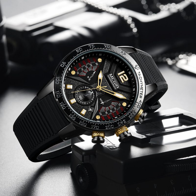 Luminous Dial Calendar Chronograph Silikonrem Herre Waterproof Sports Quartz Watch