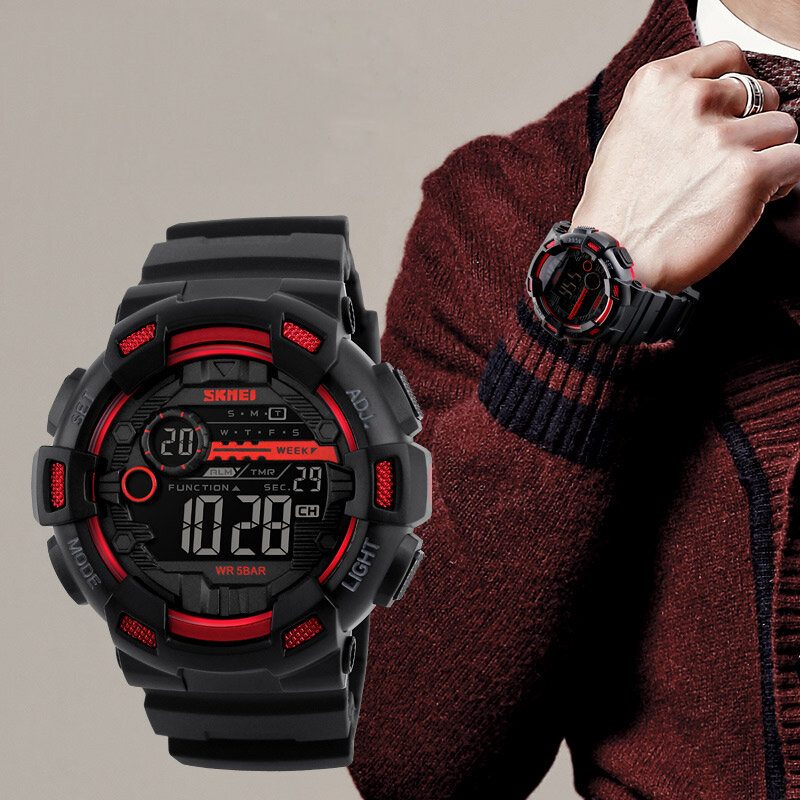 Luminous Week Display Stoppeklokke Nedtelling 5atm Vanntett Dual-time Sport Herre Digital Watch