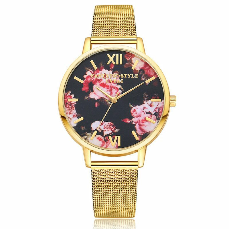 Mesh Stålbånd Casual Stil Damearmbåndsur Flower Elegant Design Quartz Watch