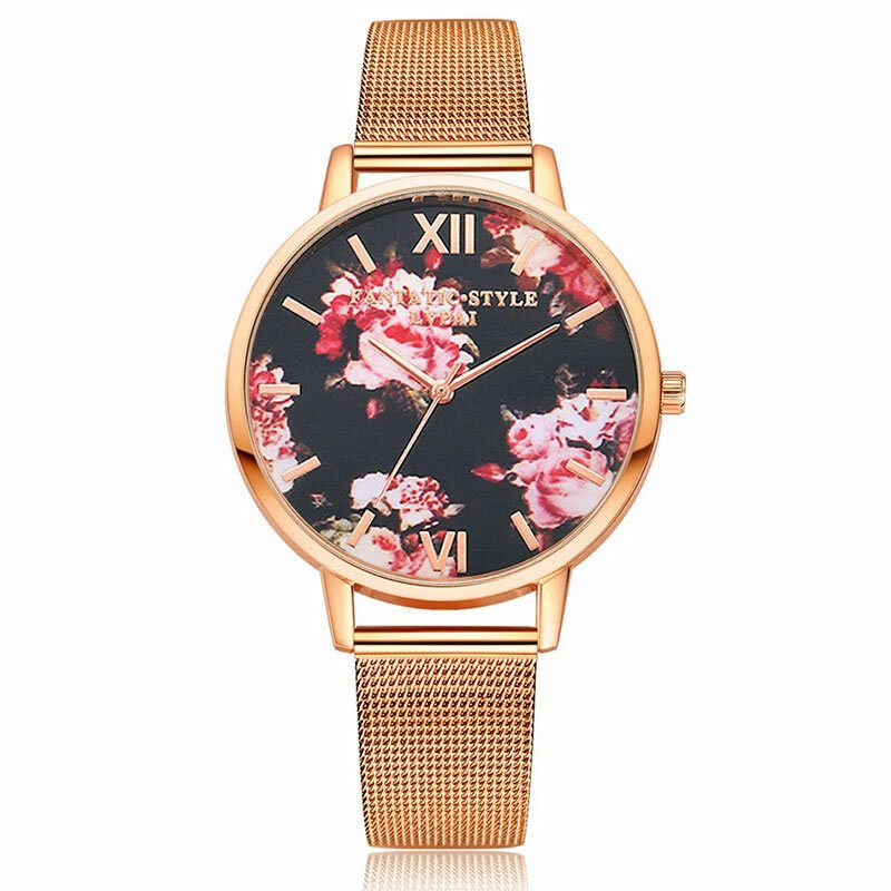 Mesh Stålbånd Casual Stil Damearmbåndsur Flower Elegant Design Quartz Watch