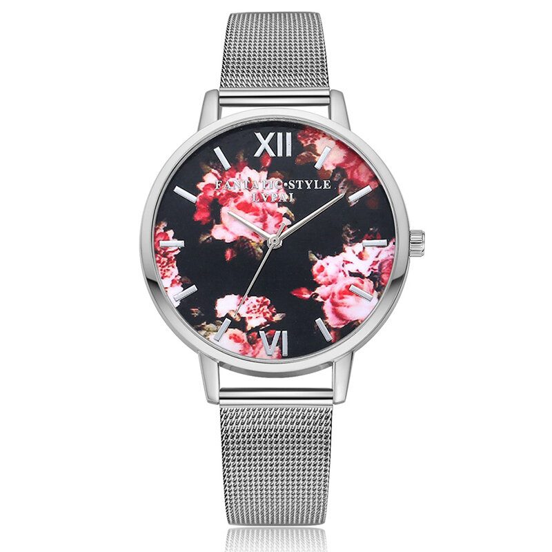 Mesh Stålbånd Casual Stil Damearmbåndsur Flower Elegant Design Quartz Watch