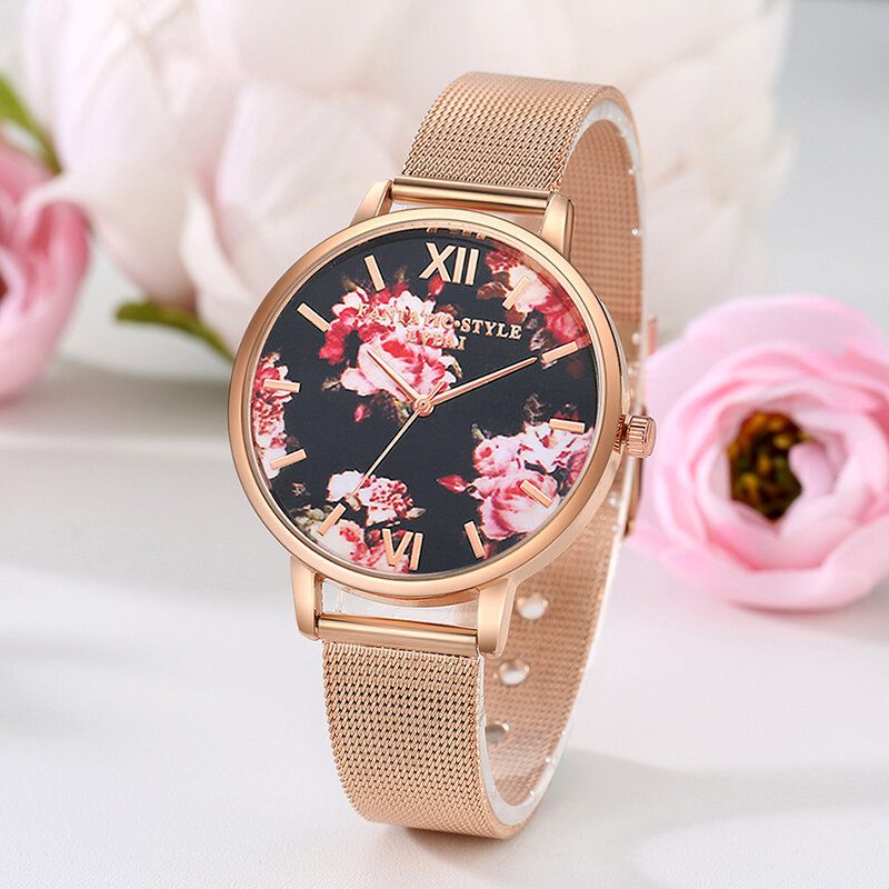 Mesh Stålbånd Casual Stil Damearmbåndsur Flower Elegant Design Quartz Watch