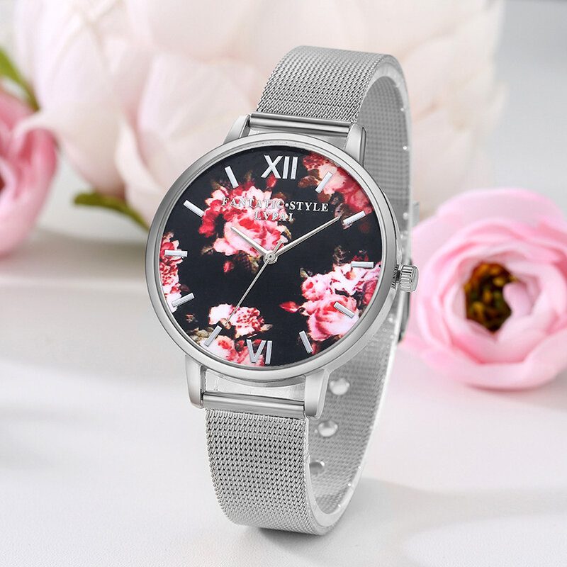 Mesh Stålbånd Casual Stil Damearmbåndsur Flower Elegant Design Quartz Watch