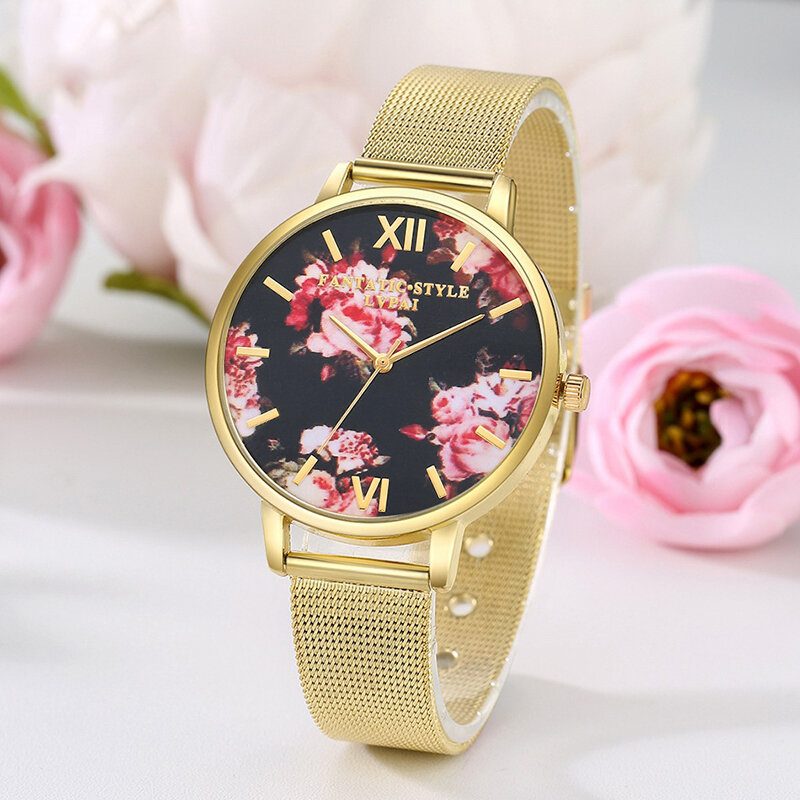 Mesh Stålbånd Casual Stil Damearmbåndsur Flower Elegant Design Quartz Watch