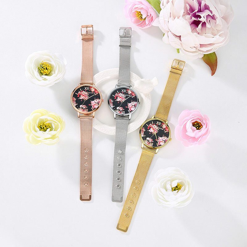 Mesh Stålbånd Casual Stil Damearmbåndsur Flower Elegant Design Quartz Watch