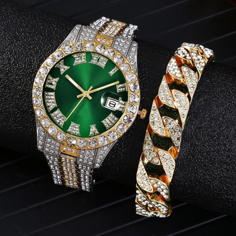 Mote 2 Stk/sett Alloy Diamond Business Watch Dekorert Pointer Quartz Watch Armbånd