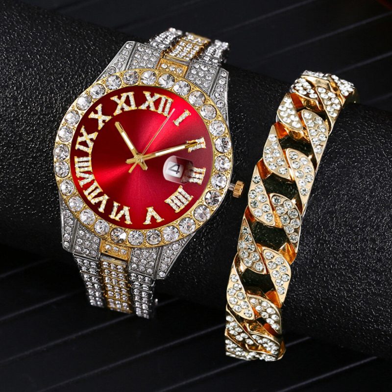 Mote 2 Stk/sett Alloy Diamond Business Watch Dekorert Pointer Quartz Watch Armbånd