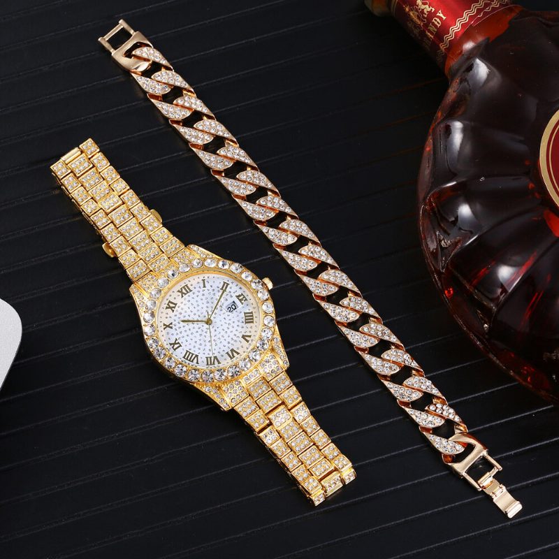 Mote 2 Stk/sett Alloy Diamond Business Watch Dekorert Pointer Quartz Watch Armbånd