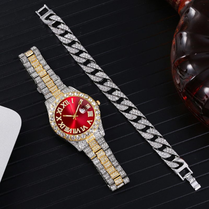 Mote 2 Stk/sett Alloy Diamond Business Watch Dekorert Pointer Quartz Watch Armbånd