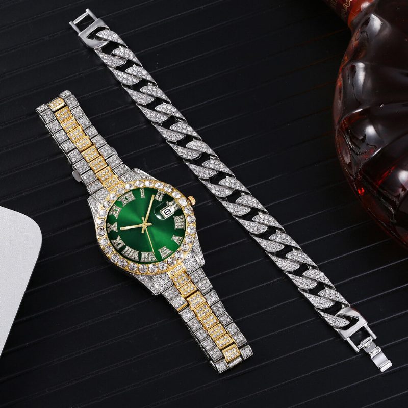 Mote 2 Stk/sett Alloy Diamond Business Watch Dekorert Pointer Quartz Watch Armbånd