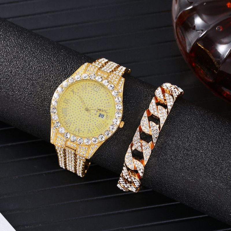 Mote 2 Stk/sett Alloy Diamond Business Watch Dekorert Pointer Quartz Watch Armbånd