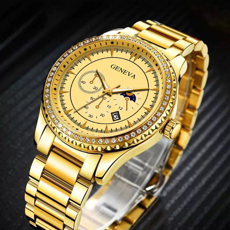 Mote Alloy Rustfritt Stål Kalenderstropp Big Head Diamond Watch Quartz Watch