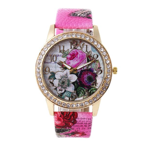 Mote Bohemia Style Dame Klokke Lærreim Retro Rose Pattern Quartz Watch