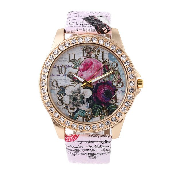 Mote Bohemia Style Dame Klokke Lærreim Retro Rose Pattern Quartz Watch