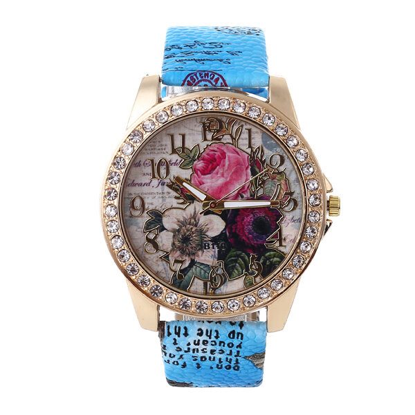 Mote Bohemia Style Dame Klokke Lærreim Retro Rose Pattern Quartz Watch