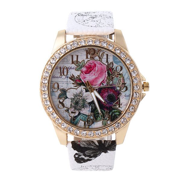 Mote Bohemia Style Dame Klokke Lærreim Retro Rose Pattern Quartz Watch