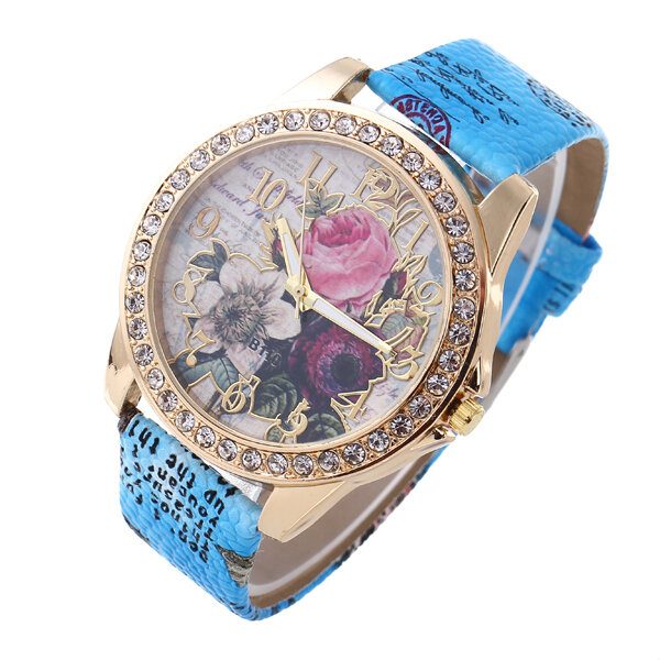 Mote Bohemia Style Dame Klokke Lærreim Retro Rose Pattern Quartz Watch