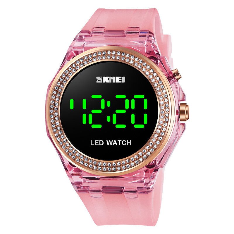 Mote Dame Klokke Diamantskive Transparent Pu Strap Lysende Display Lady Digital Watch