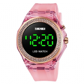 Mote Dame Klokke Diamantskive Transparent Pu Strap Lysende Display Lady Digital Watch