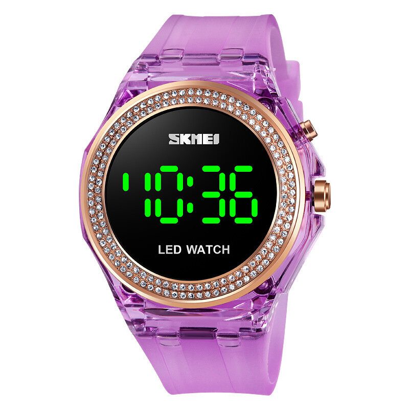 Mote Dame Klokke Diamantskive Transparent Pu Strap Lysende Display Lady Digital Watch