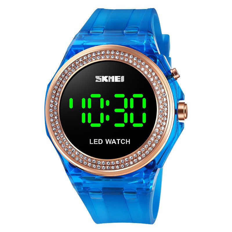 Mote Dame Klokke Diamantskive Transparent Pu Strap Lysende Display Lady Digital Watch