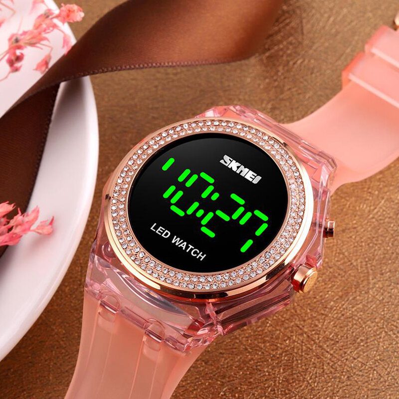 Mote Dame Klokke Diamantskive Transparent Pu Strap Lysende Display Lady Digital Watch